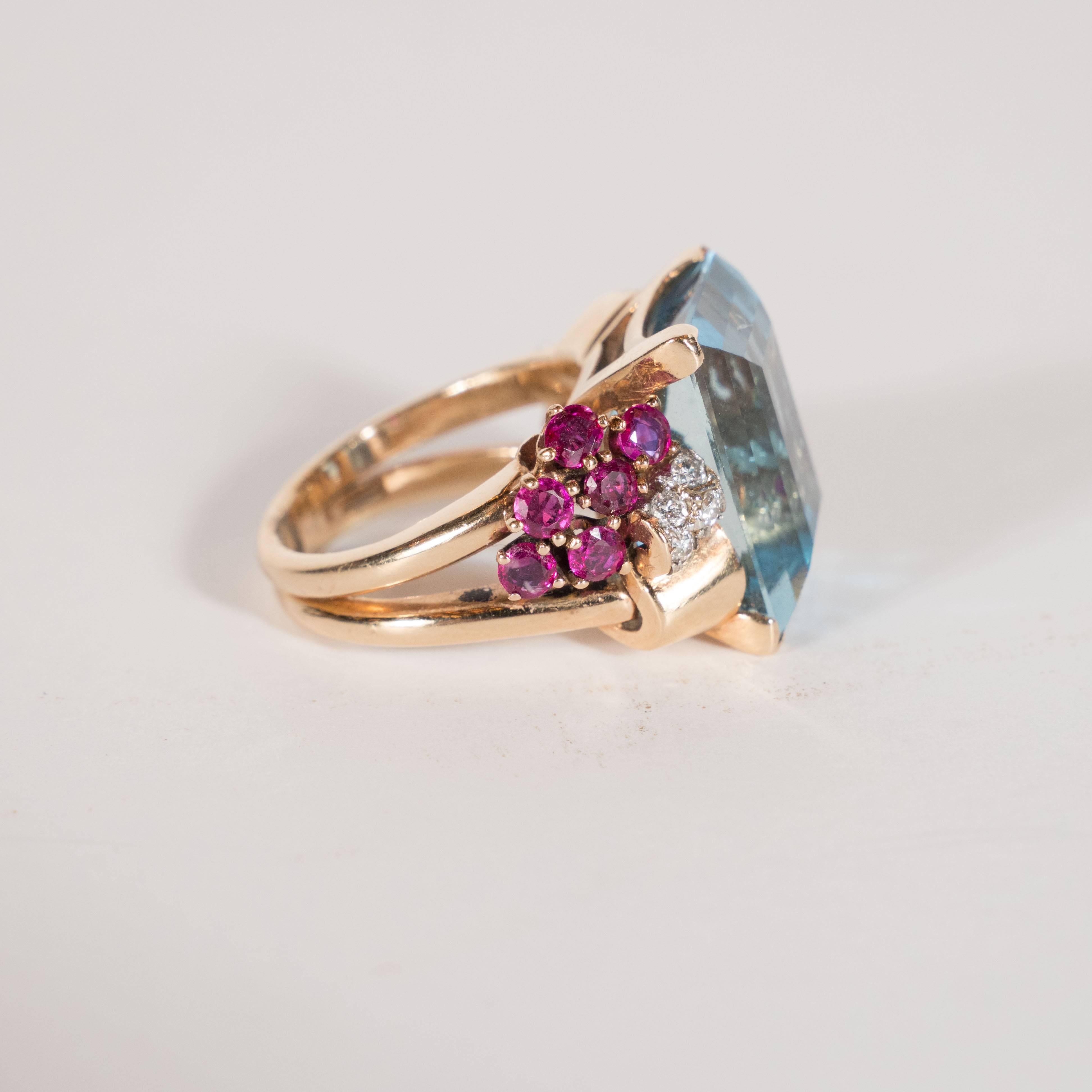 Women's 1940s American 8 Carat Acquamarine and 14k Gold Ring with Rubies and Diamonds