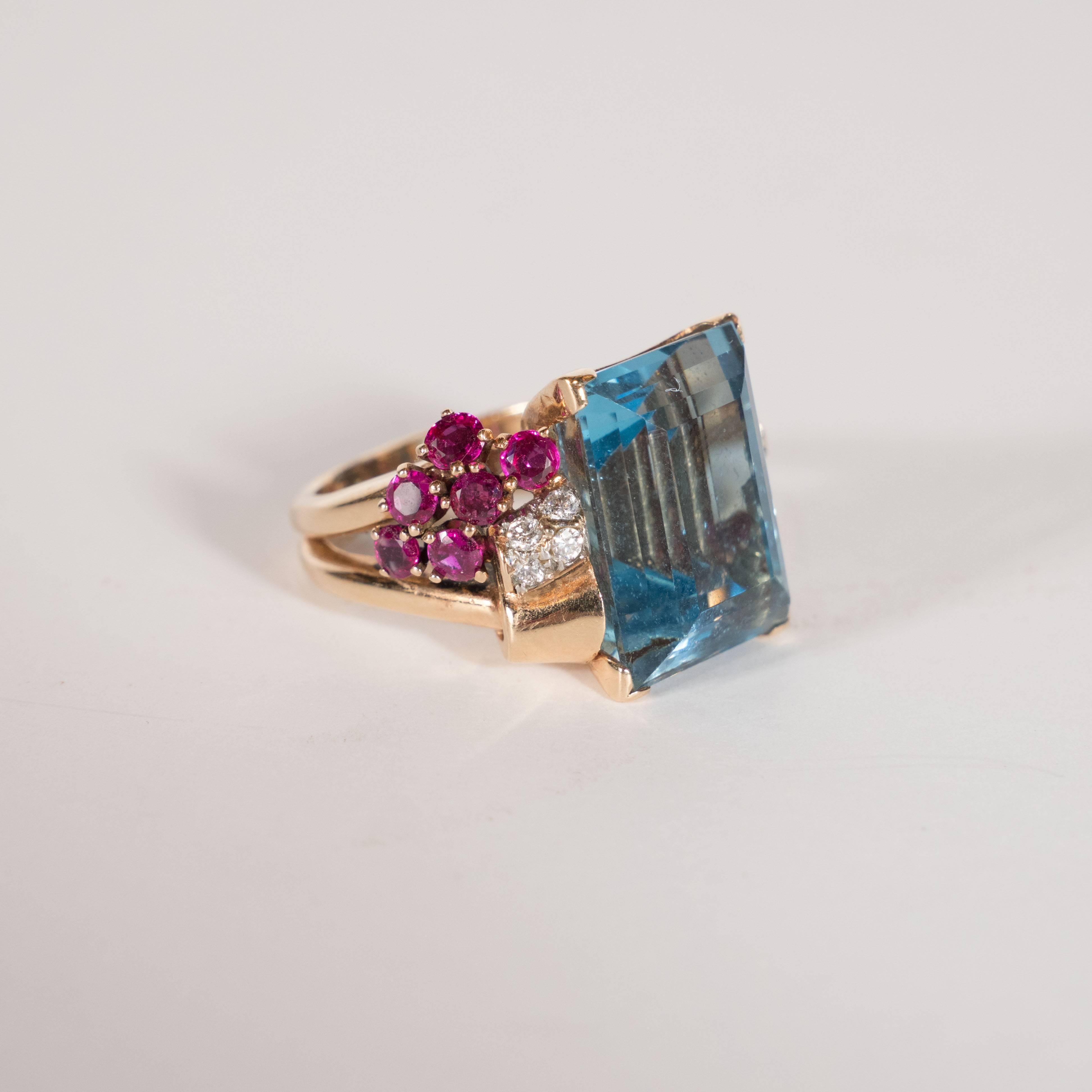 1940s American 8 Carat Acquamarine and 14k Gold Ring with Rubies and Diamonds 1