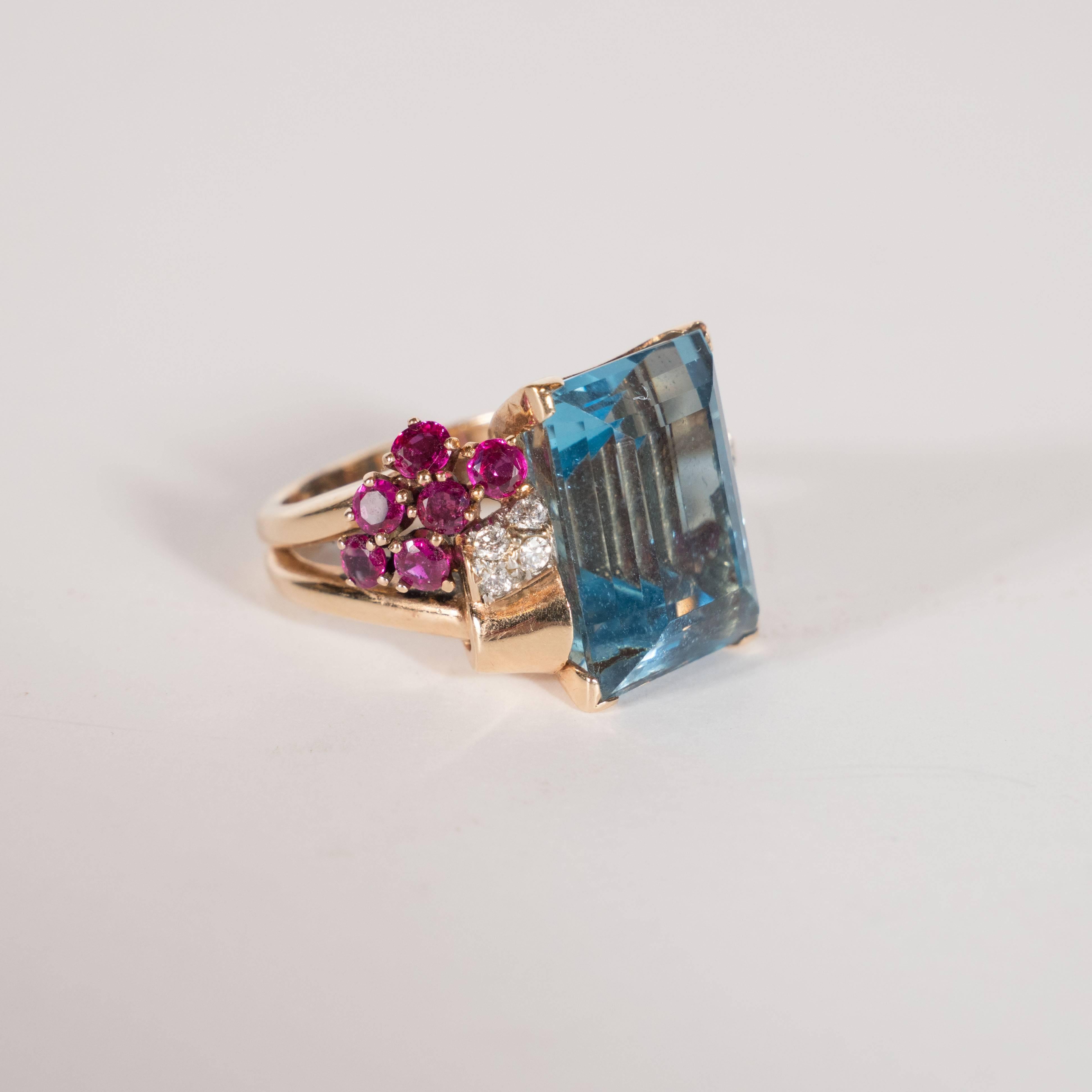 1940s American 8 Carat Acquamarine and 14k Gold Ring with Rubies and Diamonds 2