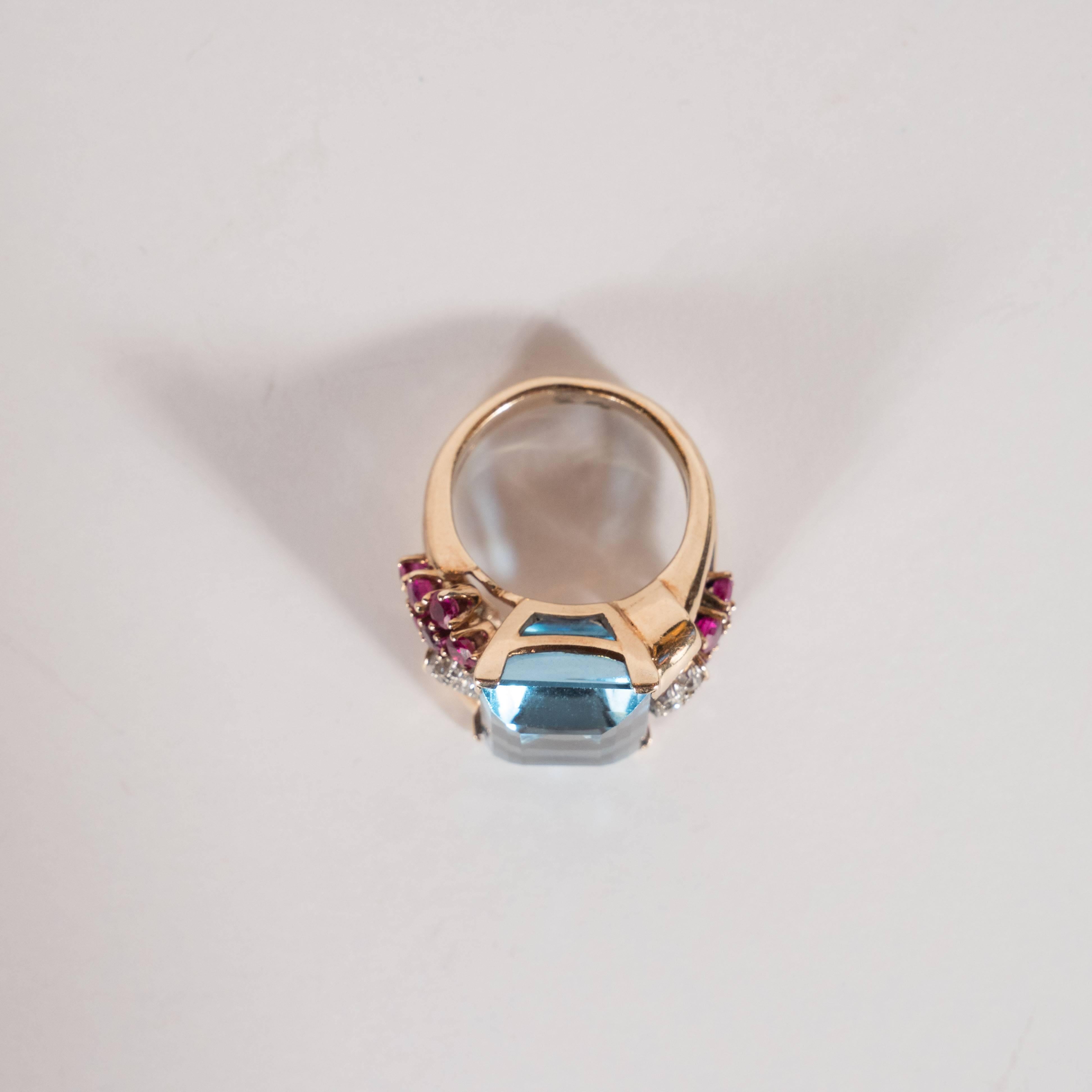 1940s American 8 Carat Acquamarine and 14k Gold Ring with Rubies and Diamonds 3