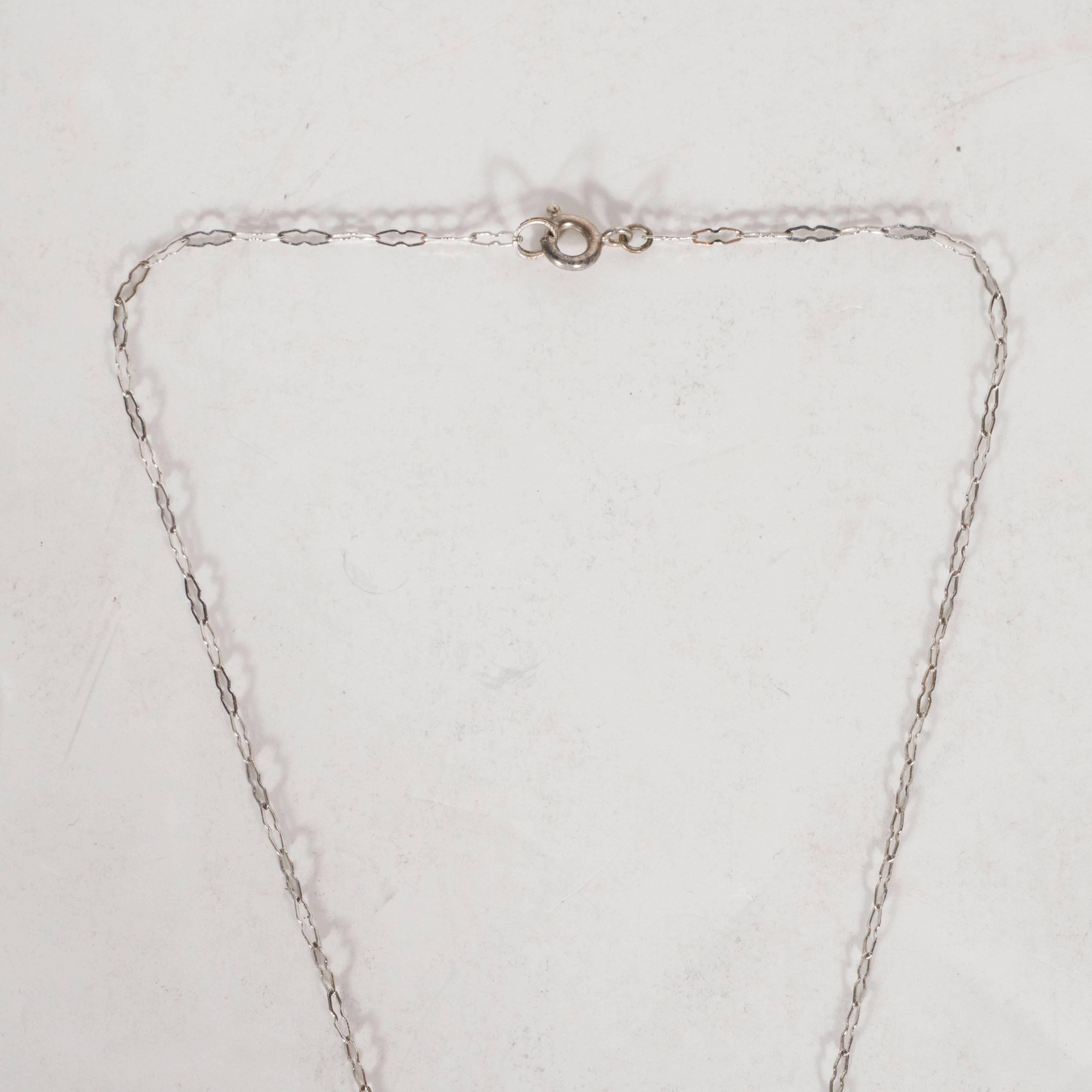 Women's Art Deco White Gold Filigree Lavalier Necklace with Rose Cut Diamond