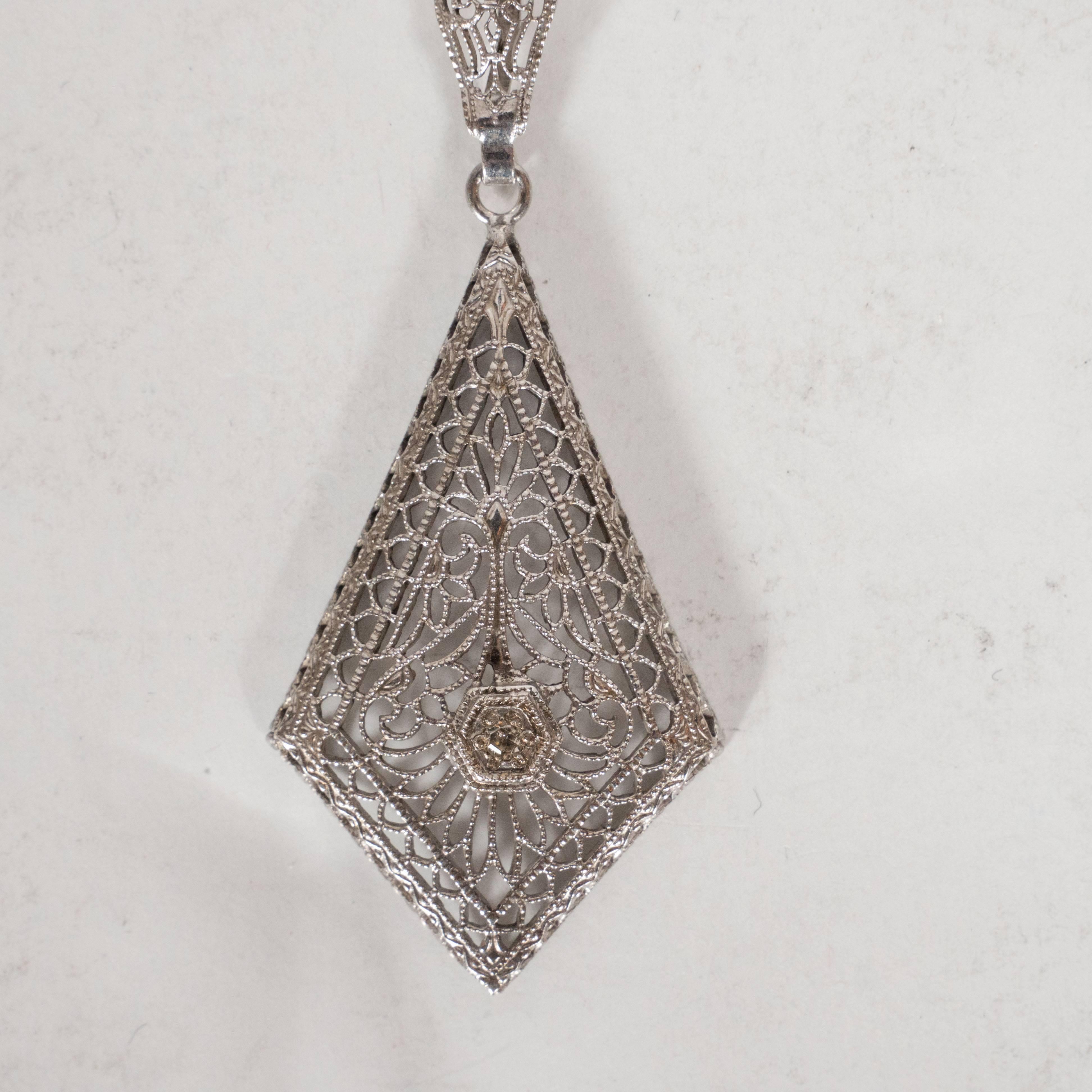 Art Deco White Gold Filigree Lavalier Necklace with Rose Cut Diamond 2