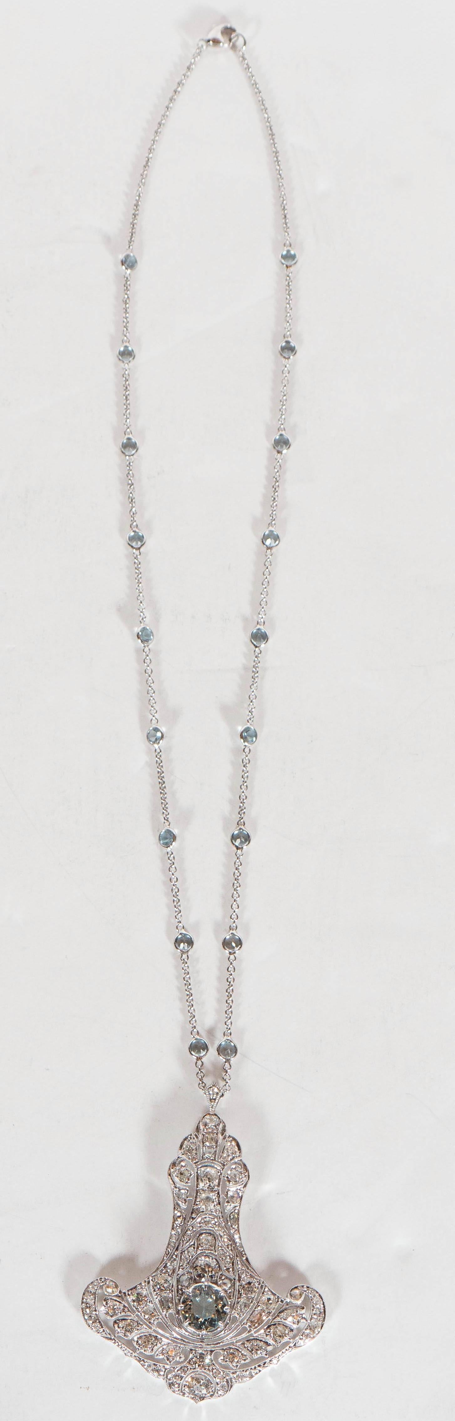 Magnificent Art Deco Aquamarine Diamond Gold Platinum Pendant Necklace In Excellent Condition In New York, NY