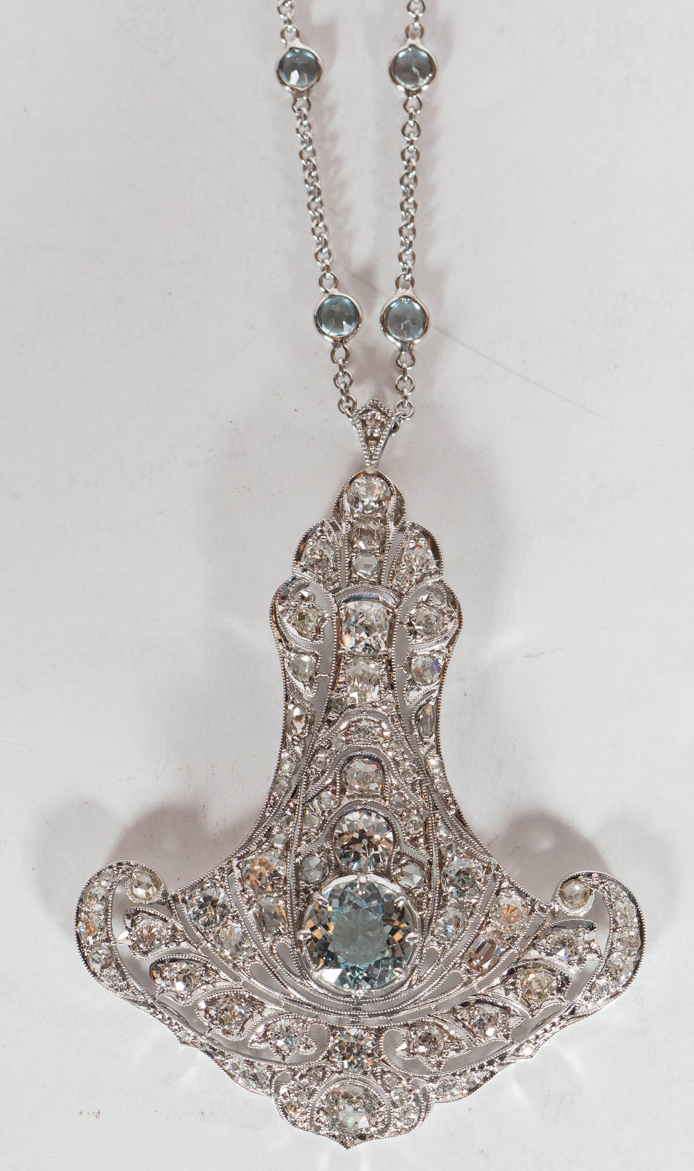 Women's Magnificent Art Deco Aquamarine Diamond Gold Platinum Pendant Necklace