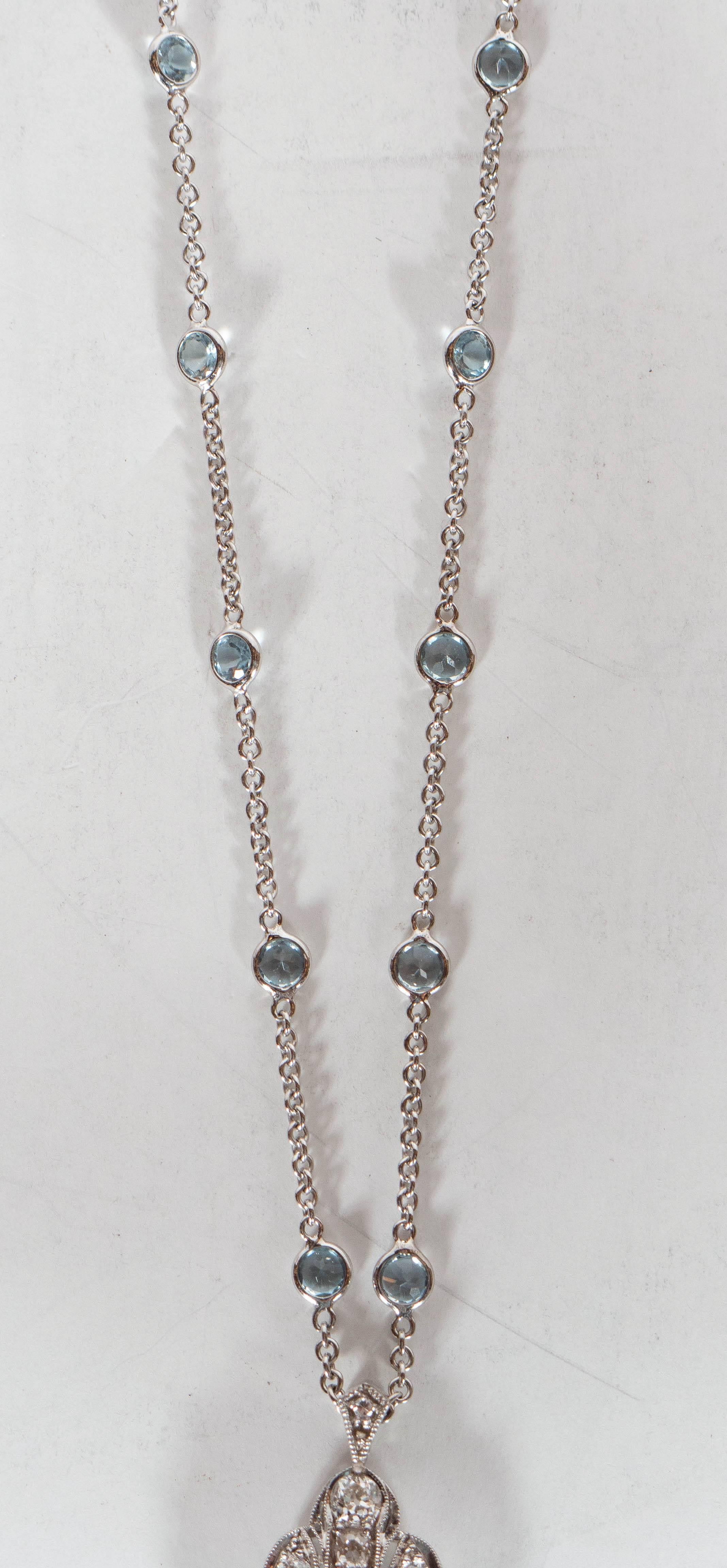 Magnificent Art Deco Aquamarine Diamond Gold Platinum Pendant Necklace 1