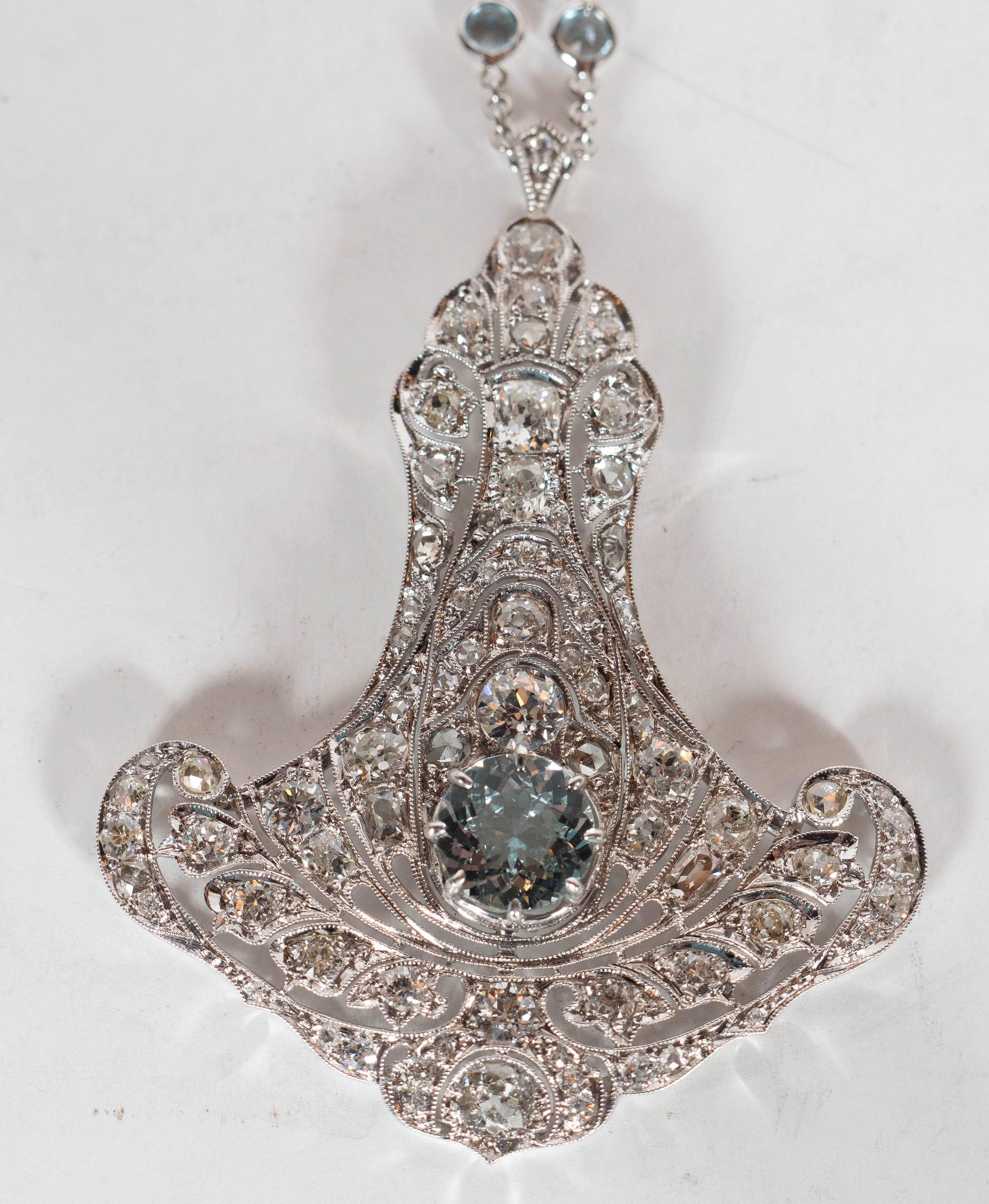Magnificent Art Deco Aquamarine Diamond Gold Platinum Pendant Necklace 3