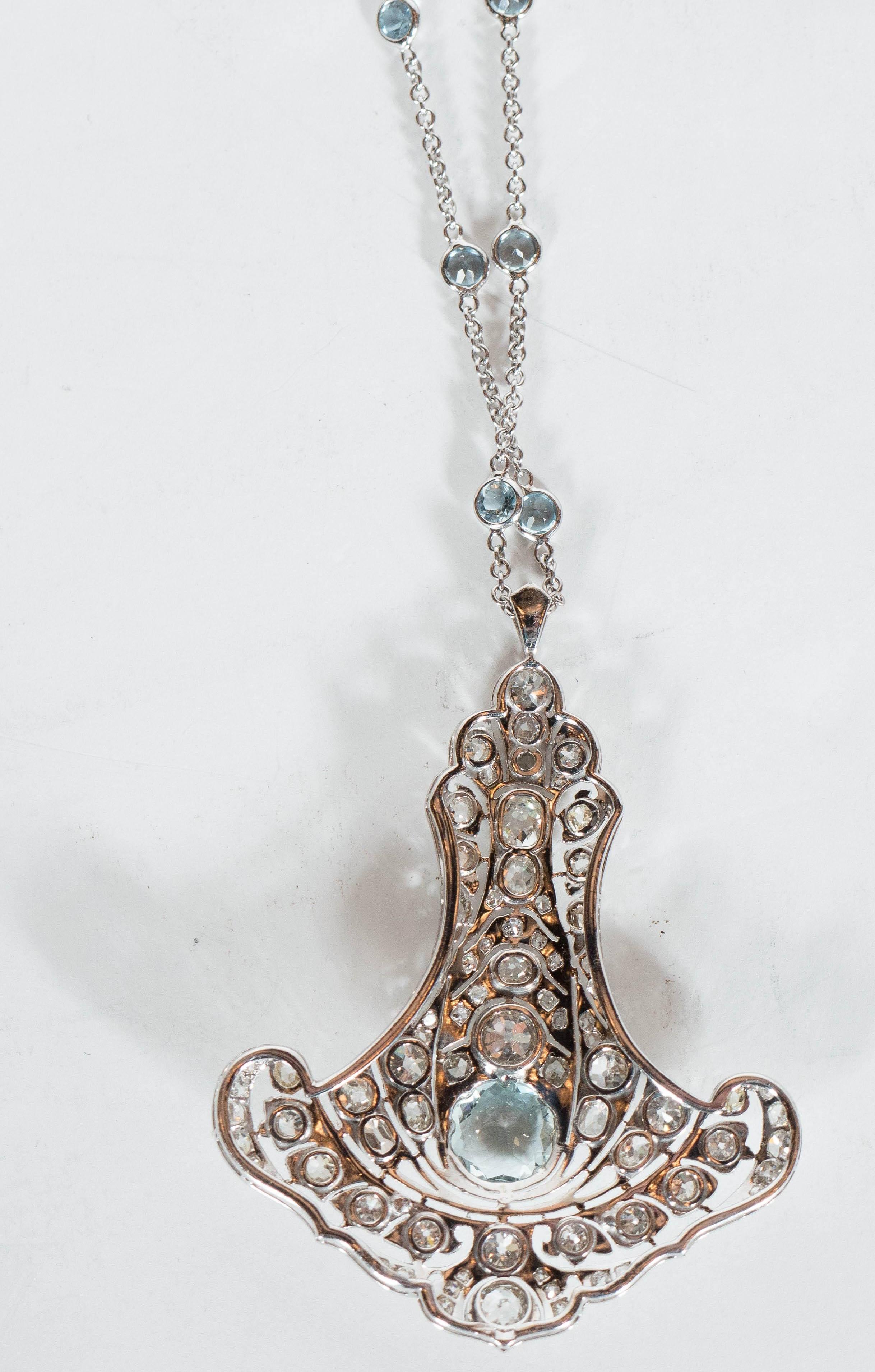 Magnificent Art Deco Aquamarine Diamond Gold Platinum Pendant Necklace 4