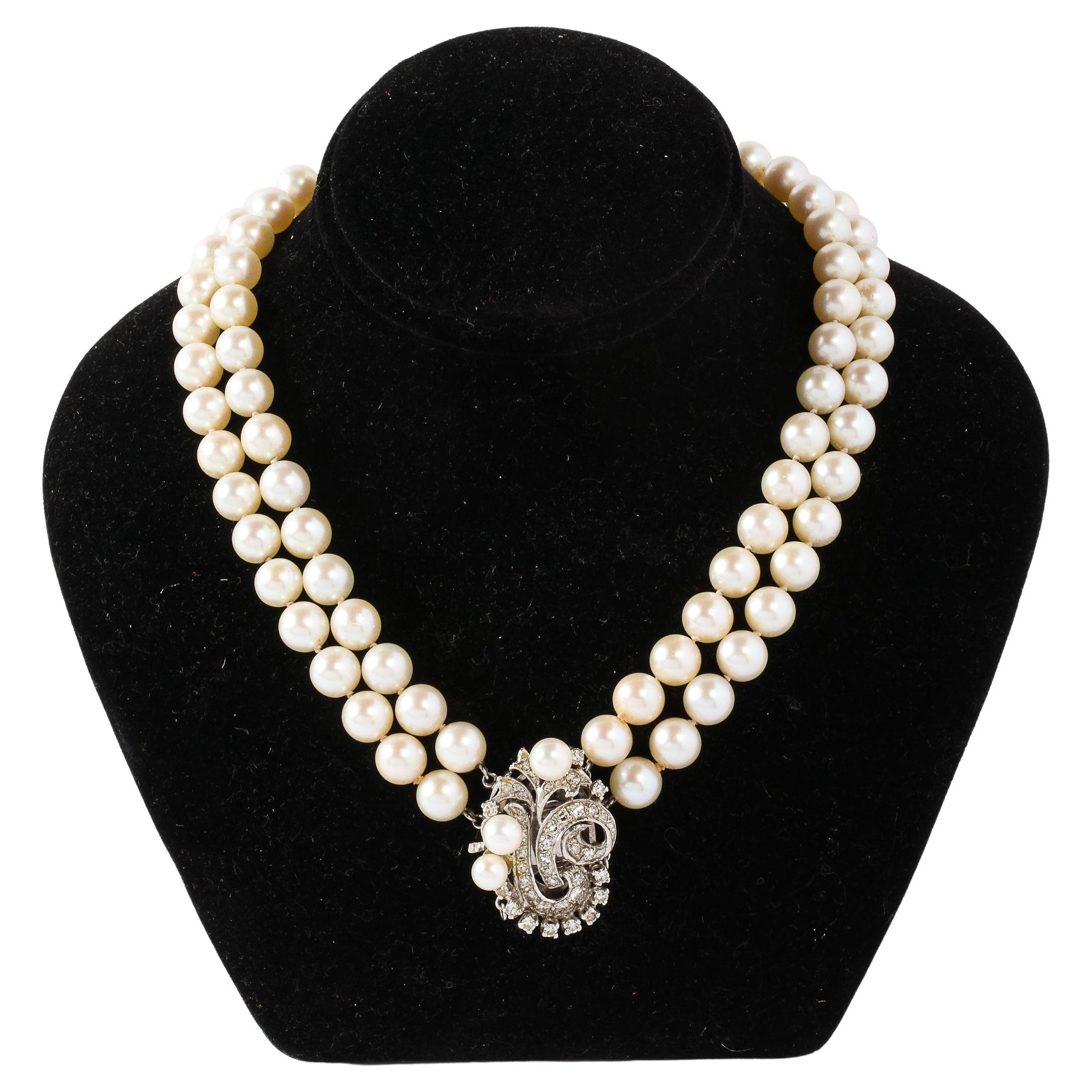 Art Deco Double Strand Pearl Necklace with 14kt Gold, Diamond and Pearl Clasp For Sale