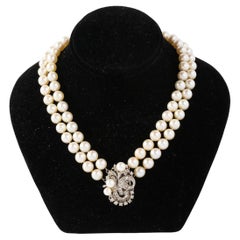 Art Deco Double Strand Pearl Necklace with 14kt Gold, Diamond and Pearl Clasp
