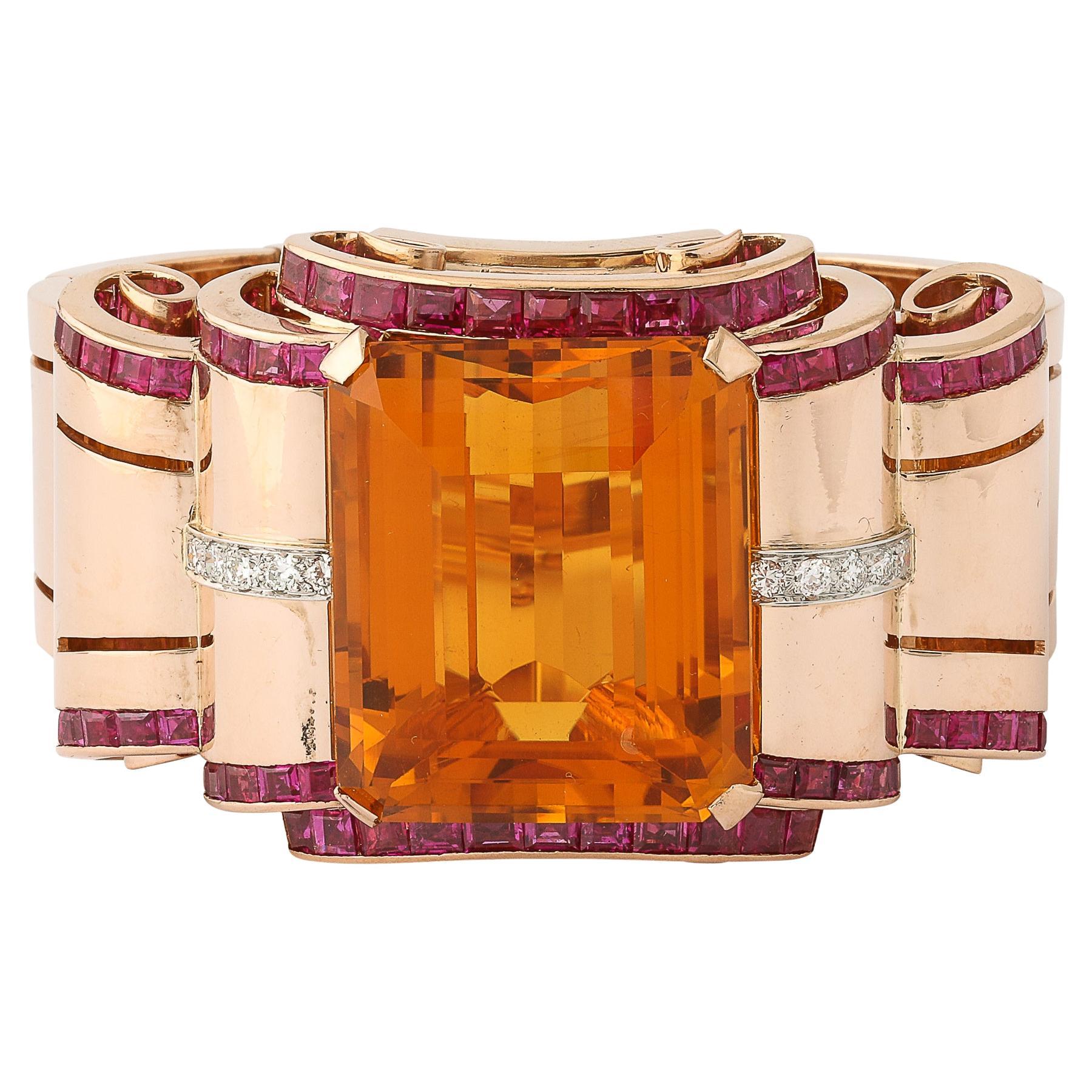 Bracciale retrò Art Deco in oro 14 carati con citrino, rubini e diamanti