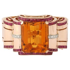 Retro Art Deco Cuff Bracelet in 14Karat Gold w/ Citrine, Rubies, and Diamonds