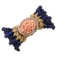 Signed David Webb Lapis Lazuli Torsade w/ 18k Gold & Carved Coral Floral Motif