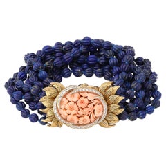 Signed David Webb Lapis Lazuli Torsade w/ 18k Gold & Carved Coral Floral Motif