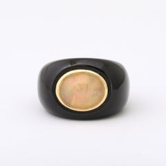 Modernist Cabochon Opal & 14k Yellow Gold Black Enameled Dome Ring