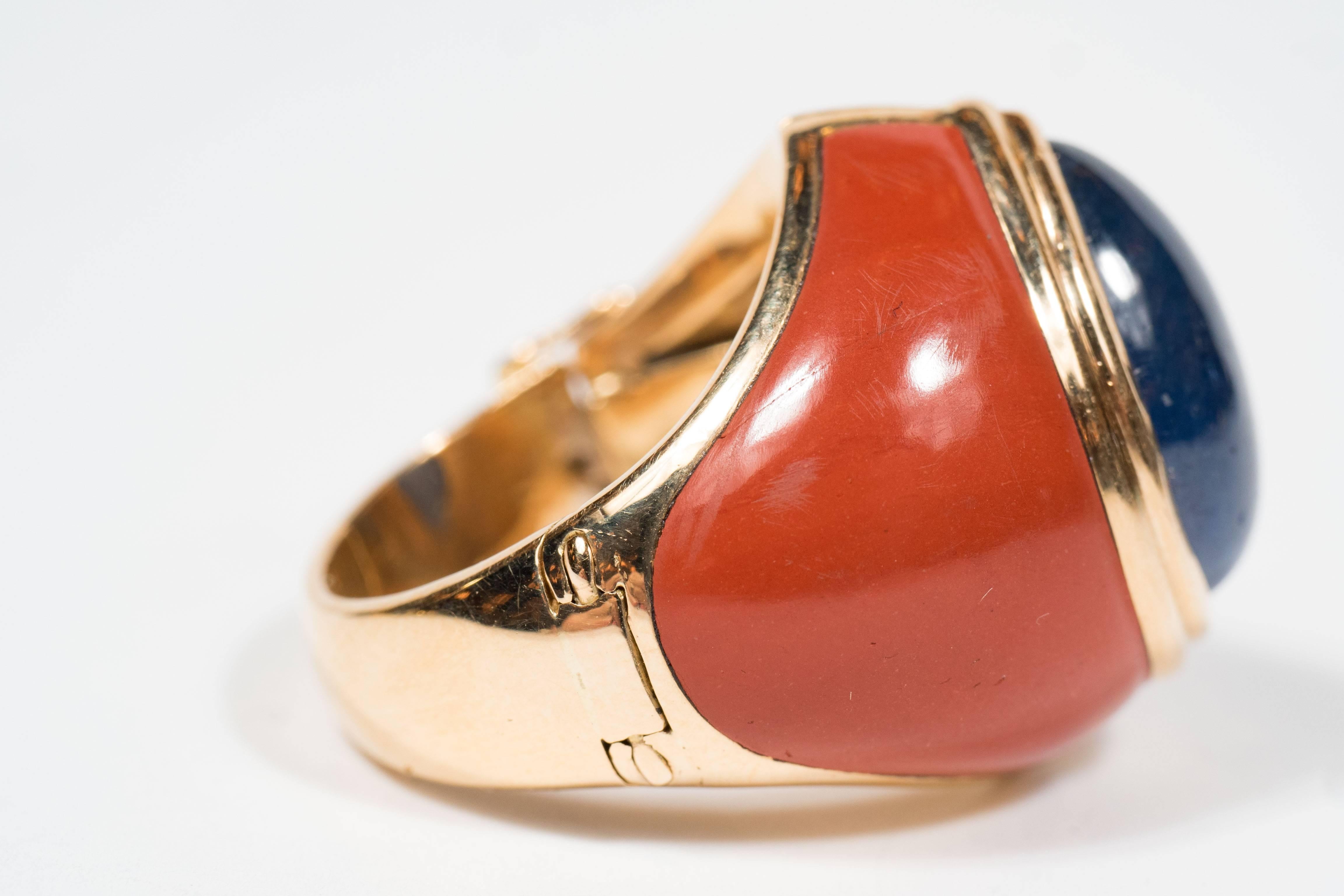 Mid-Century Modern Sapphire Jasper Gold Ring 4