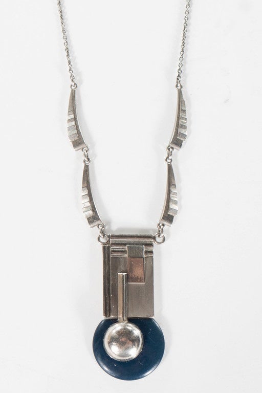 Jacob Bengel Collana Art Deco Blue Galalith Chrome Cubist Design
