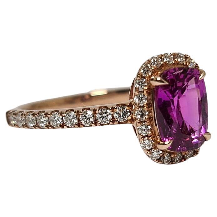 GFCO Unheated Vivid  Pink Sapphire 1.48 Ct 18k Rose Gold Diamond Halo Ring