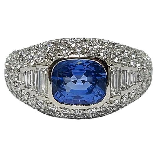 Lotus Unheated Burmese Sapphire 2.20 Ct 950 Platinum Bombe Diamond Ring For Sale