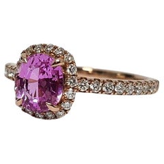 GFCO Unheated Pink 1.51 CT Sapphire Diamond Halo Rose 18K Gold Ring