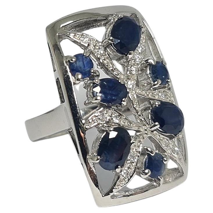 4+Ct Natural Blue Sapphire Art Deco .925 Sterling Silver  Rhodium Plated Ring For Sale