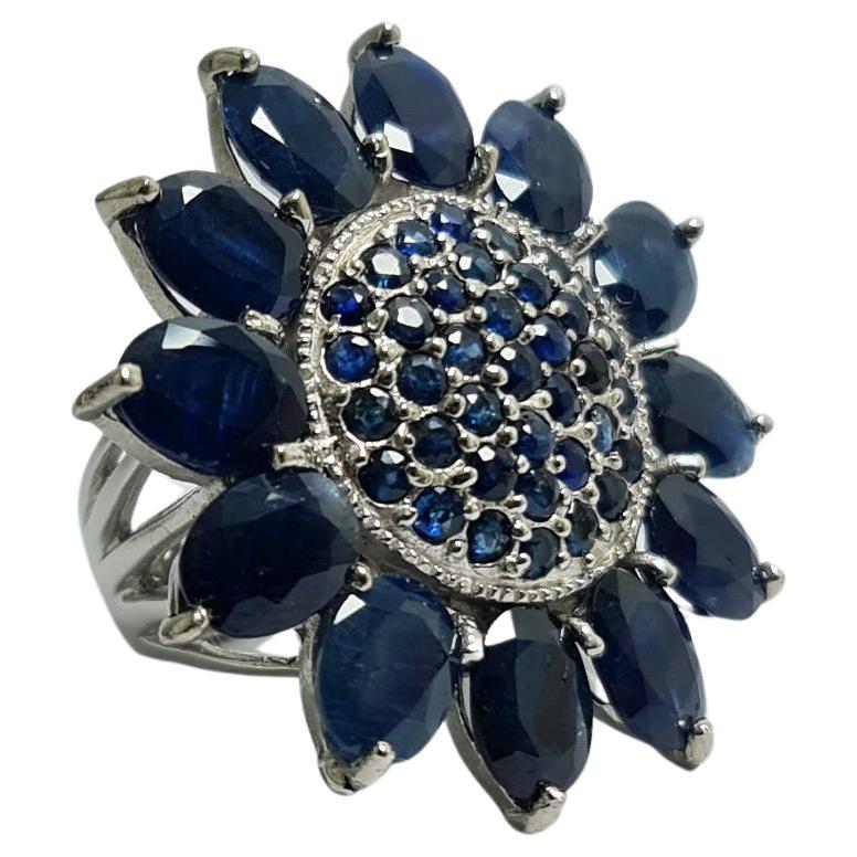 14Ct Natural Untreated Sapphire Flower .925 Sterling Silver Rhodium Plated Ring