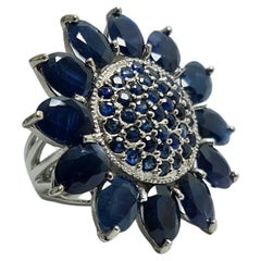 14Ct Natural Untreated Sapphire Flower .925 Sterling Silver Rhodium Plated Ring