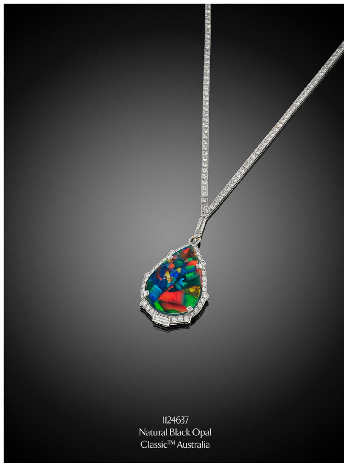 Pendentif Art Déco en platine serti d'opales arlequin noires et de diamants en vente 4