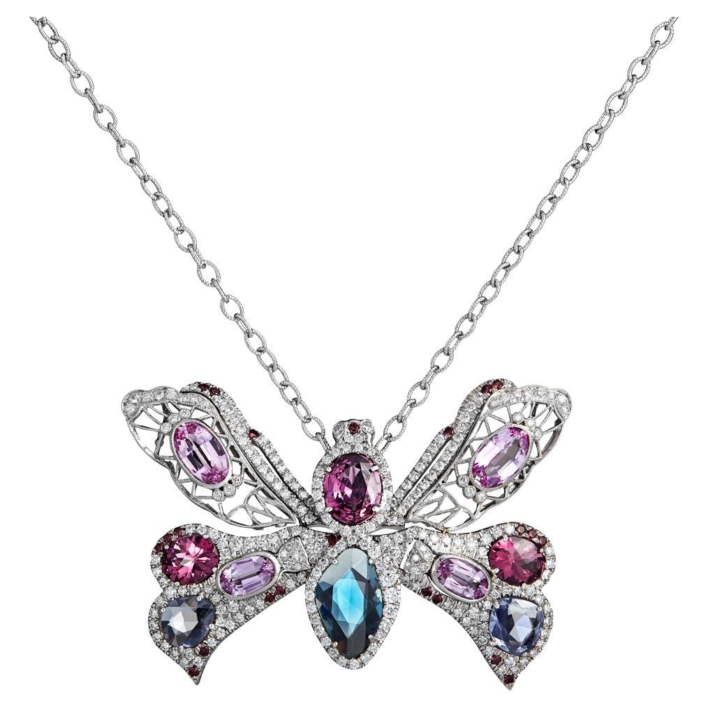 Pink Topaz, Diamond & Sapphire One of a Kind Butterfly Pendants in 18k Gold For Sale