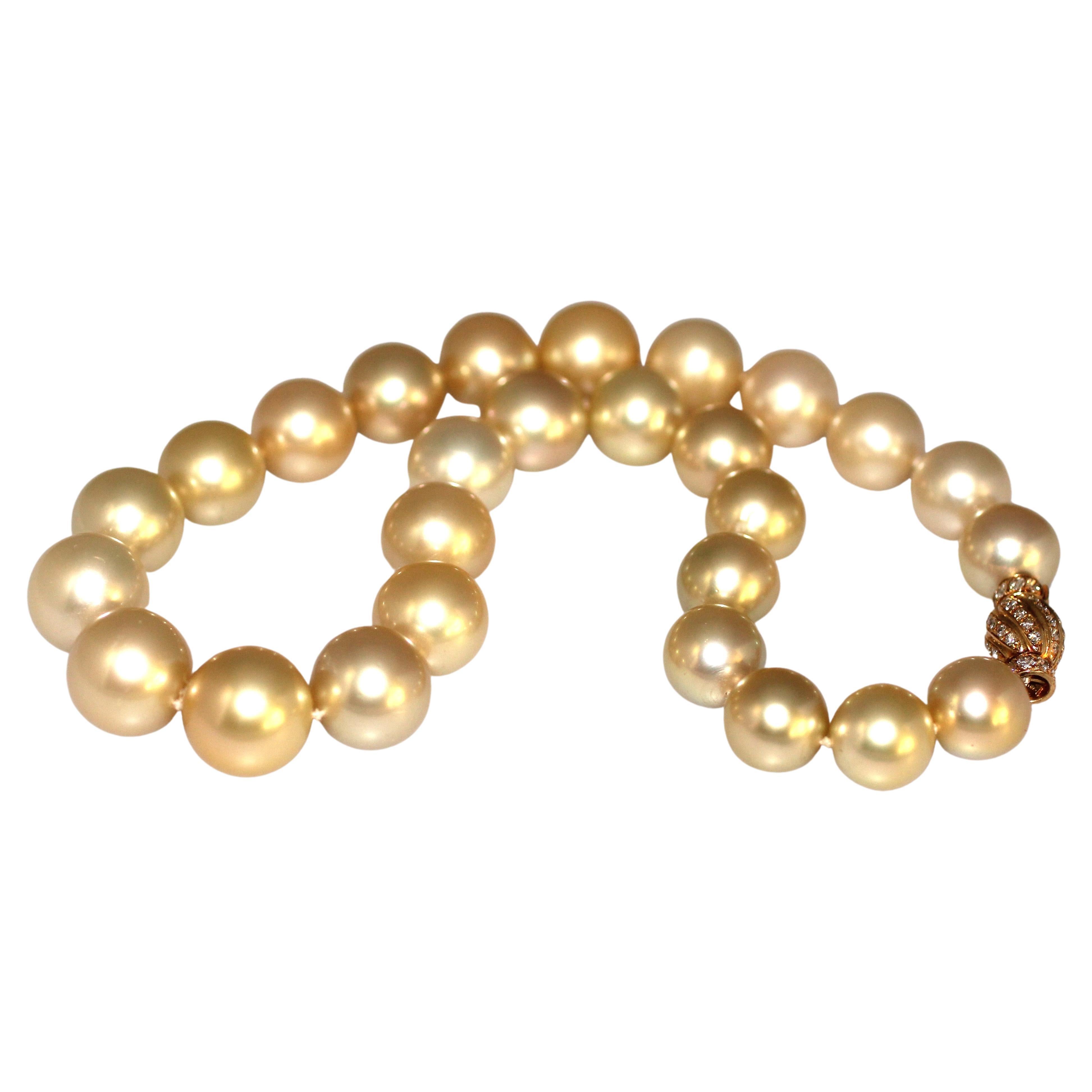 Hakimoto 16x13mm Natural color Golden South Sea Pearl Necklace 18K Diamond Clasp For Sale
