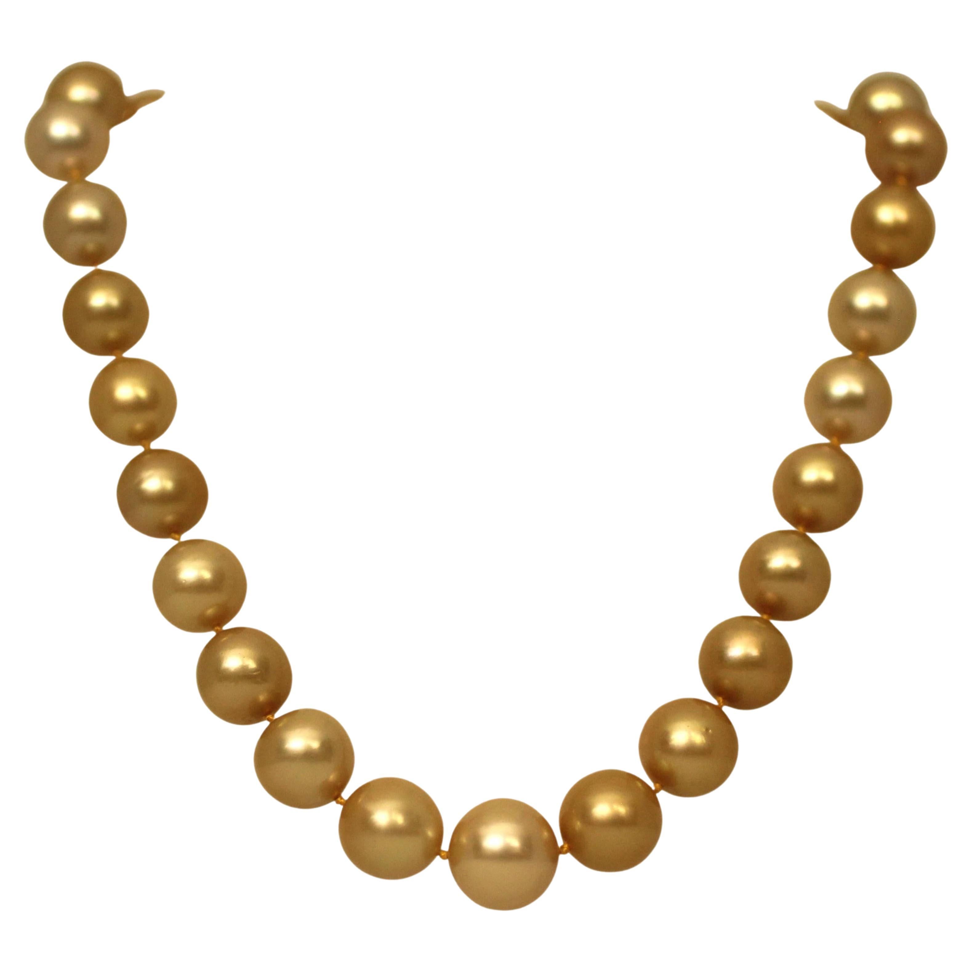 Hakimoto 16x13 mm 18" Deep Natural Golden South Sea Pearl 18K 1.85c. Dia. Clasp For Sale