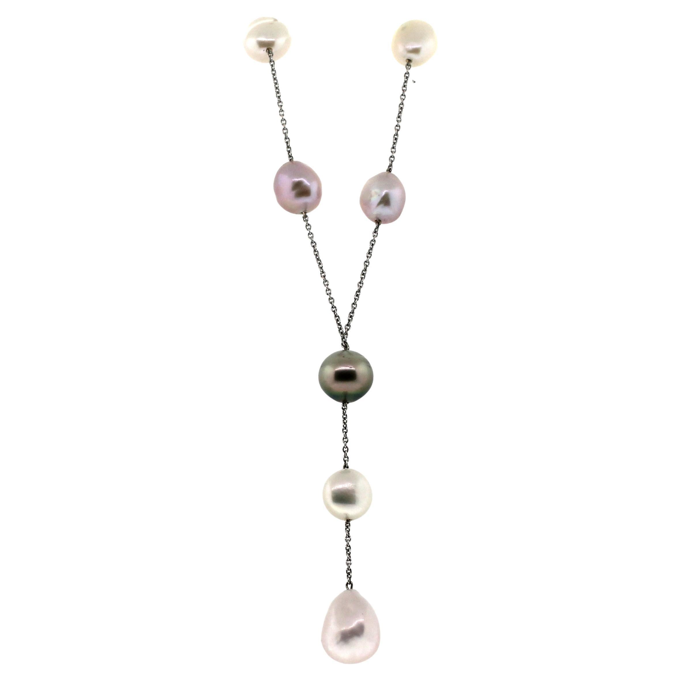 Hakimoto 18K White Gold Chain With Tahiti and 8 Baroque Pearl Necklace