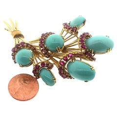 Vintage Jewel Of Ocean Estate jewelry Bouquet Turquoise and Ruby Brooch
