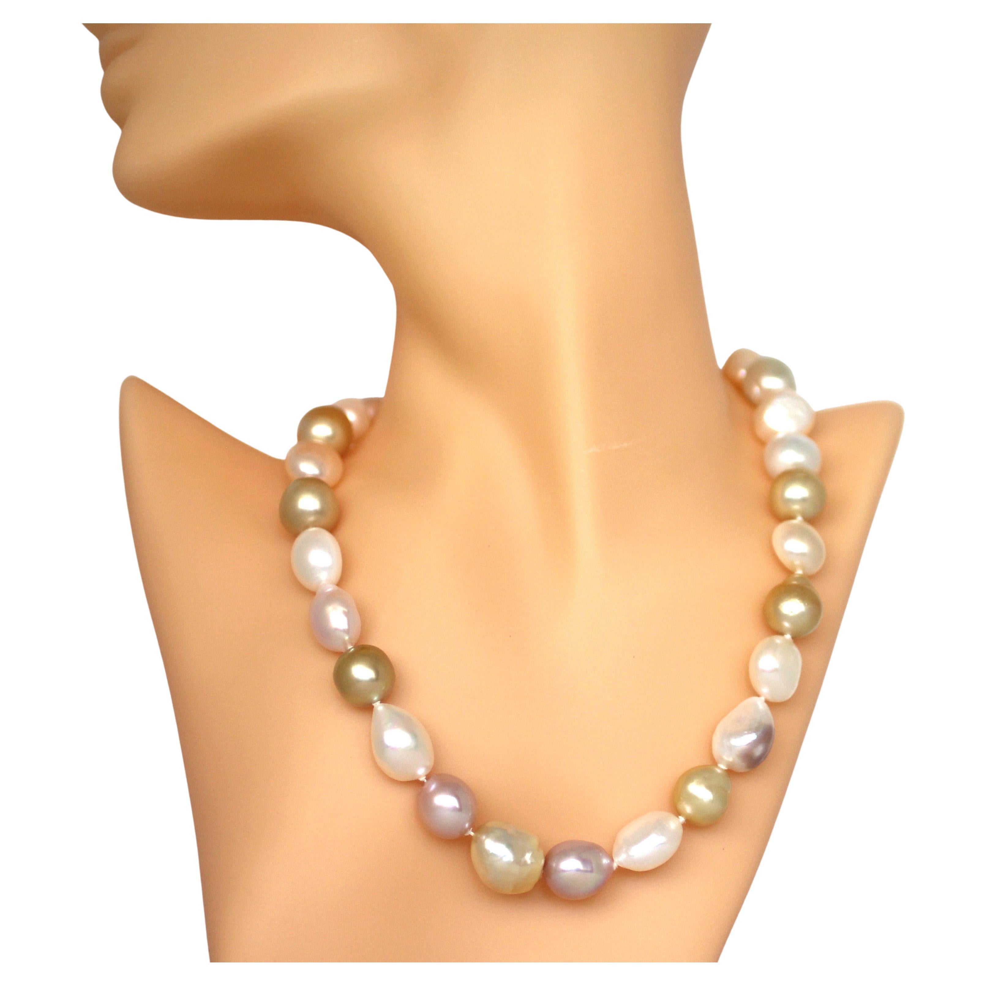 Hakimoto 15x13 mm Natural Multi Color Baroque Pearl Necklace 18K Gold Clasp For Sale
