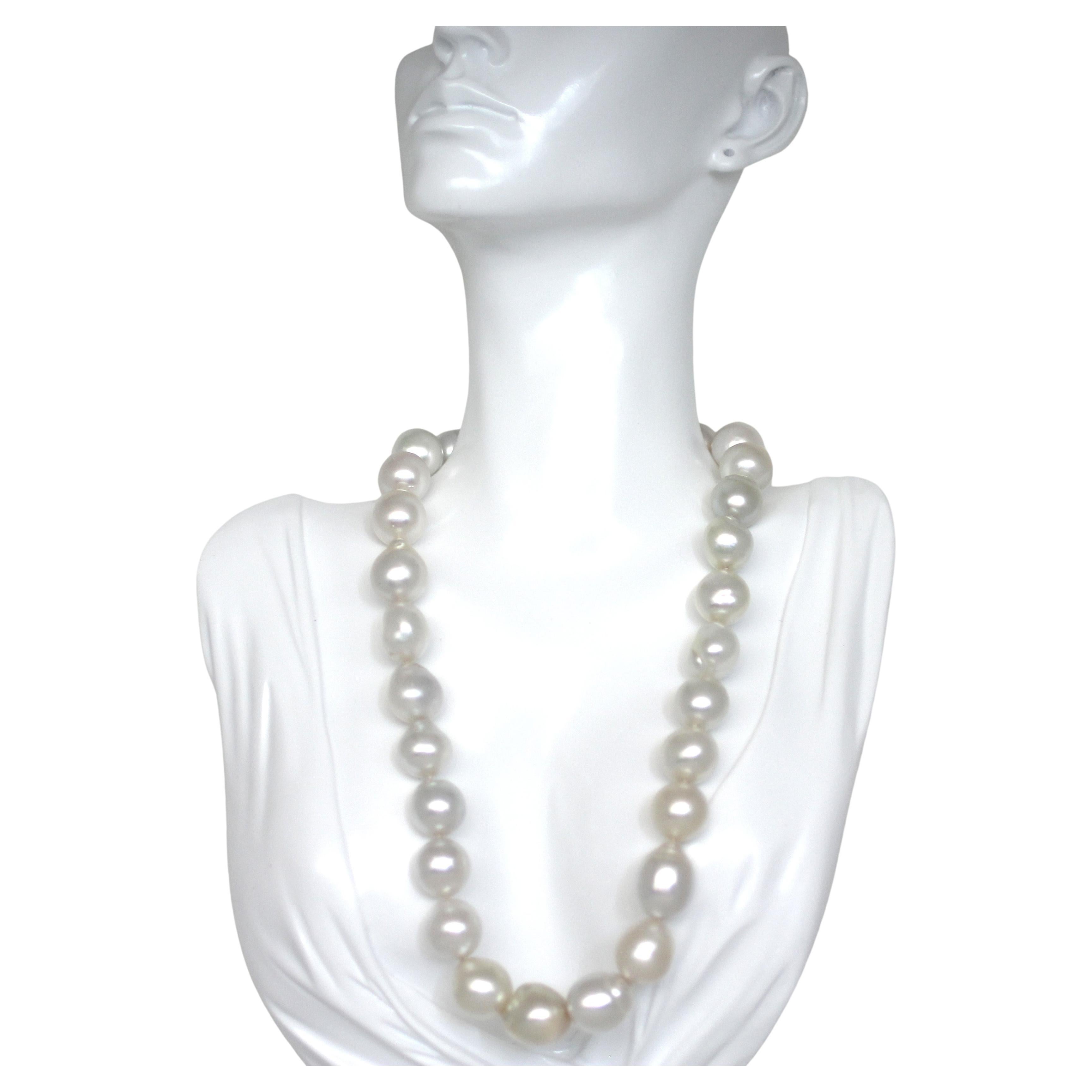Hakimoto 15x14 mm White South Sea Baroque Pearl Necklace 18K Diamond Clasp For Sale
