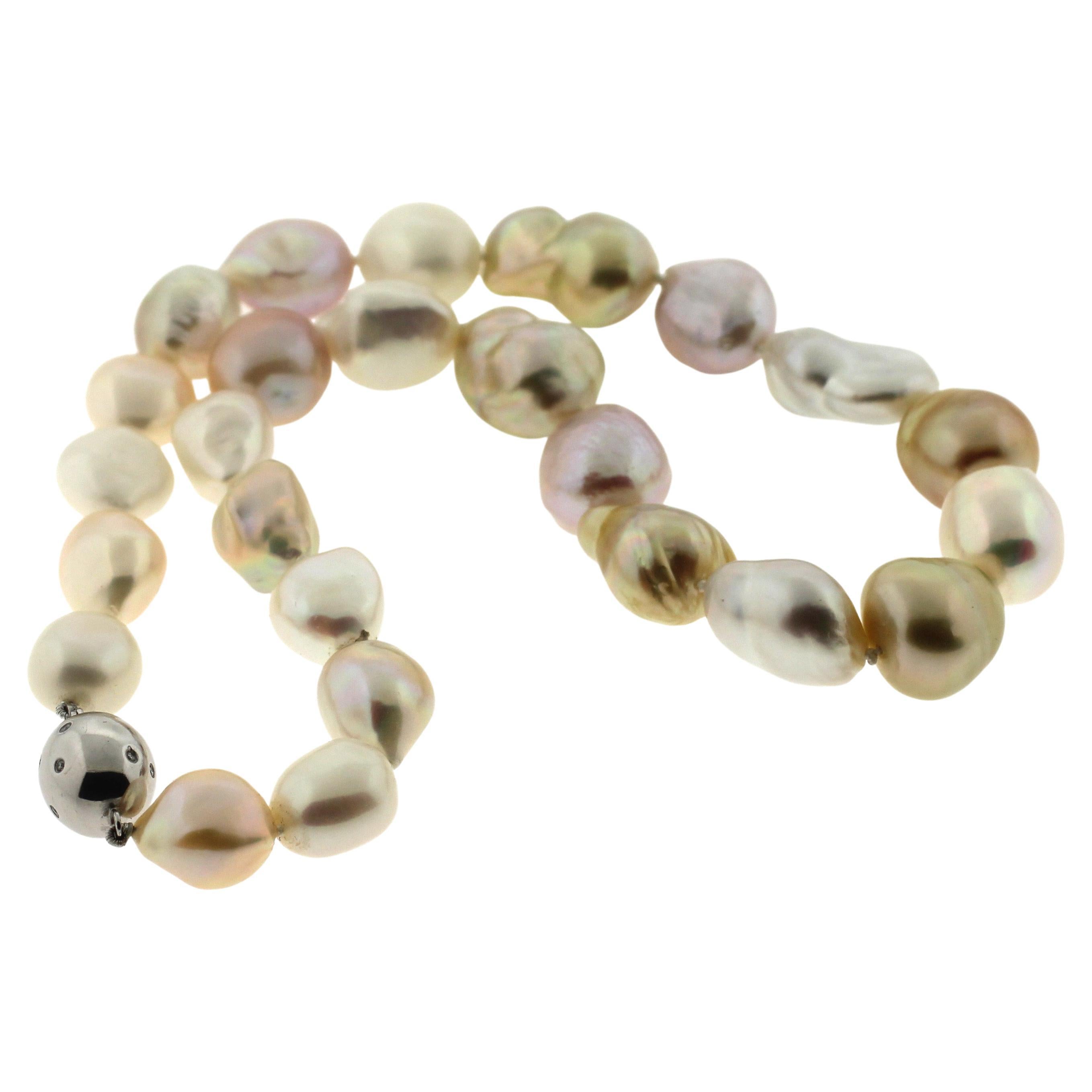 Hakimoto By Jewel Of Ocean 18K Strand Necklace
18K White Gold  
Weight (g): 81.3
Cultured Golden South Sea and Fresh Water Baroque Pearl 
Pearl Size: 12X15mm 
Pearl Shape: Baroque
Body color: Natural Gold and Pastel Color
Orient: Very Good
Luster: