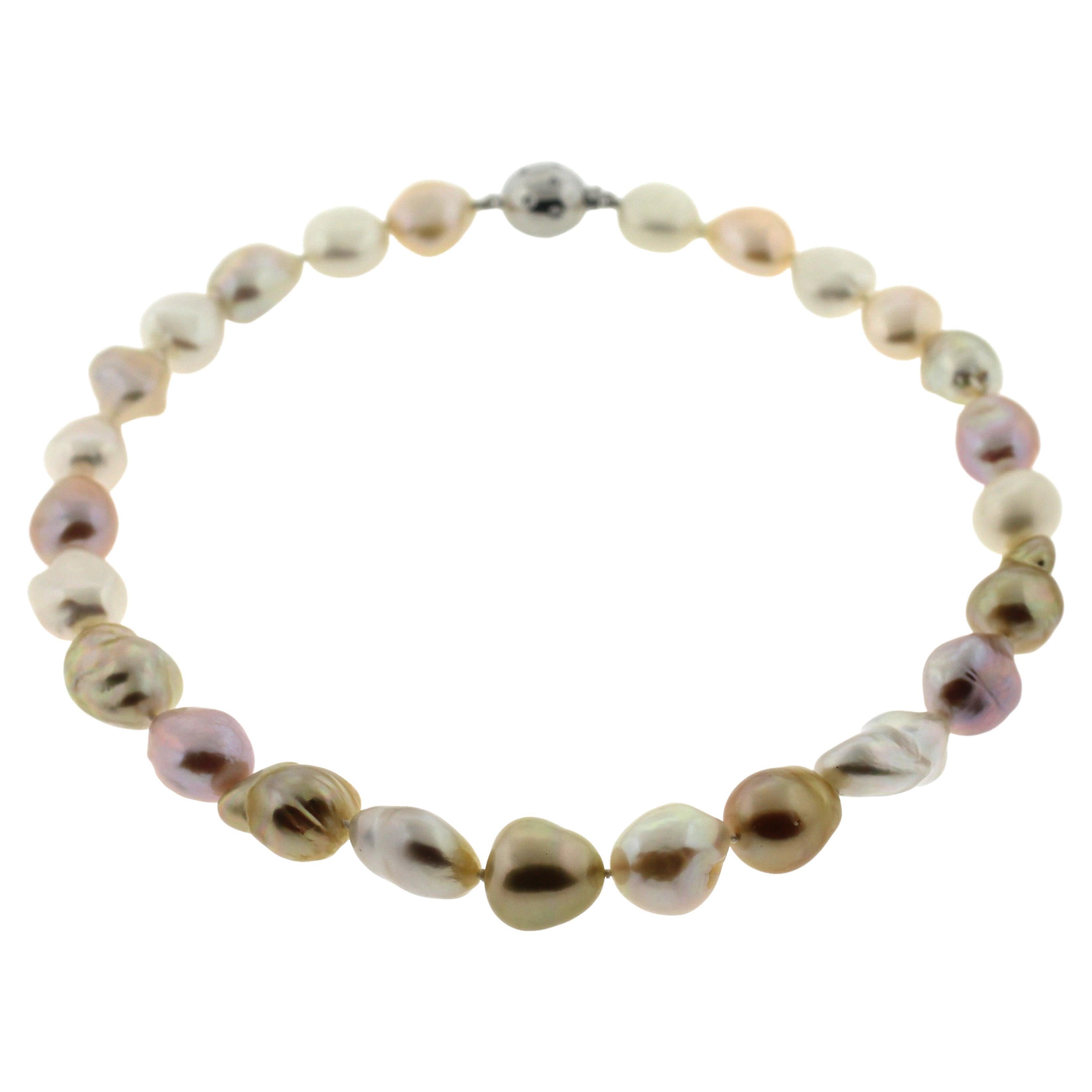 Hakimoto 15x12 mm Natural Multi Color Baroque Pearl Necklace 18K Diamond Clasp