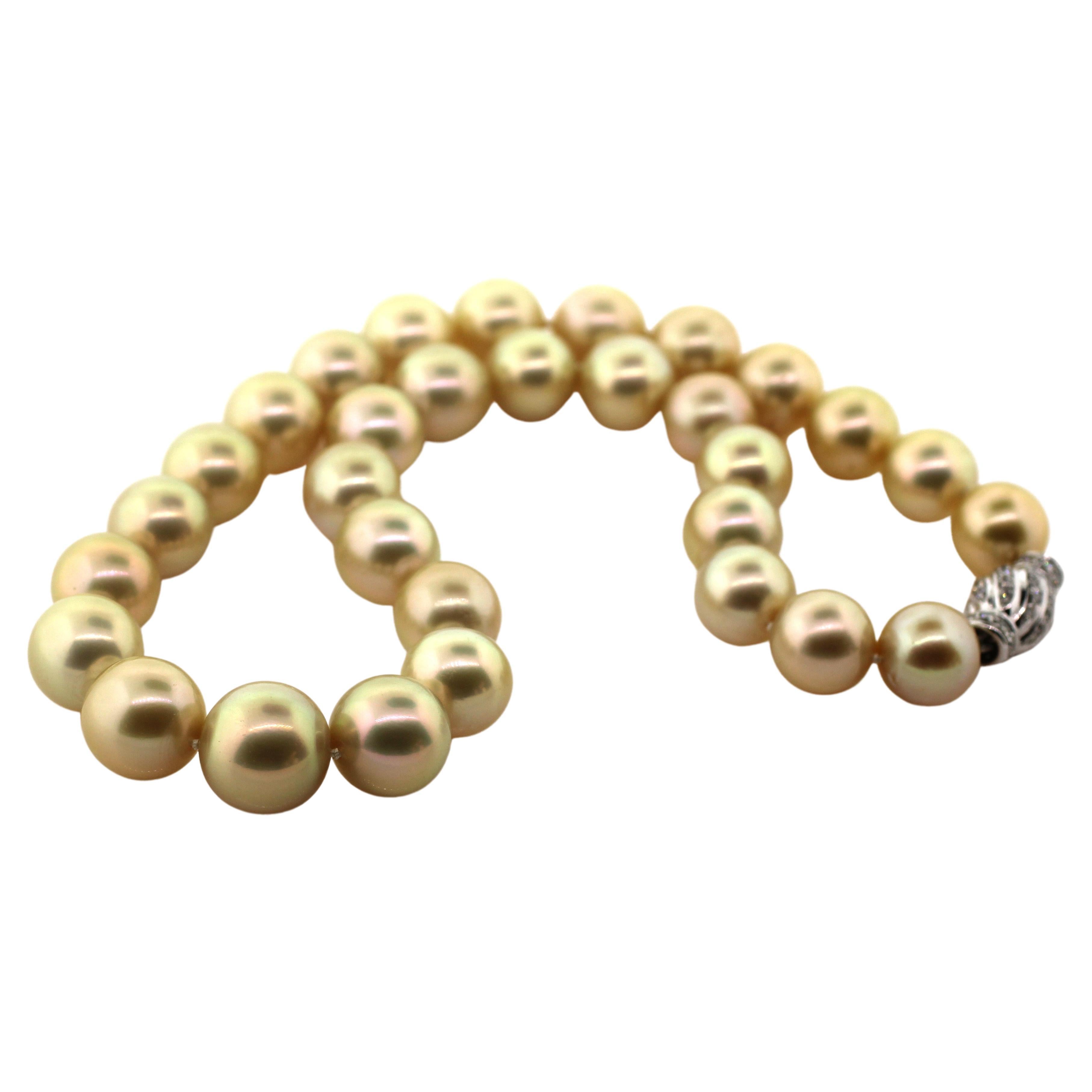 Hakimoto By Jewel Of Ocean 18K South Sea Strand Necklace
18K White Gold  With Diamonds
Weight (g): 93.7
Cultured Natural Golden Color South Sea Pearl 
Pearl Size: 12X14.5mm 
Pearl Shape: Round 
Body color: Golden
Orient: Very Good
Luster: Very Good