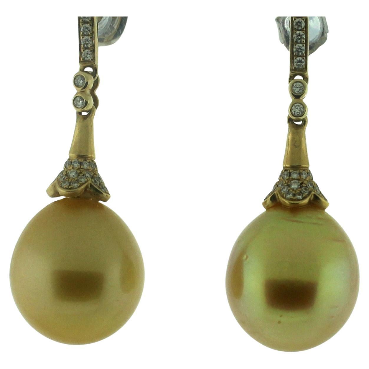 Hakimoto 14-13 mm Golden Drop pearl 18k Diamonds Earrings For Sale