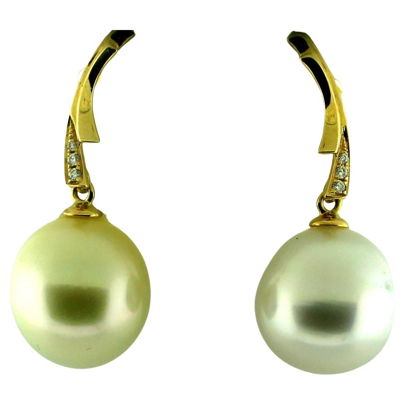 Hakimoto 18K Diamonds White 12 mm South Sea Pearl Earrings