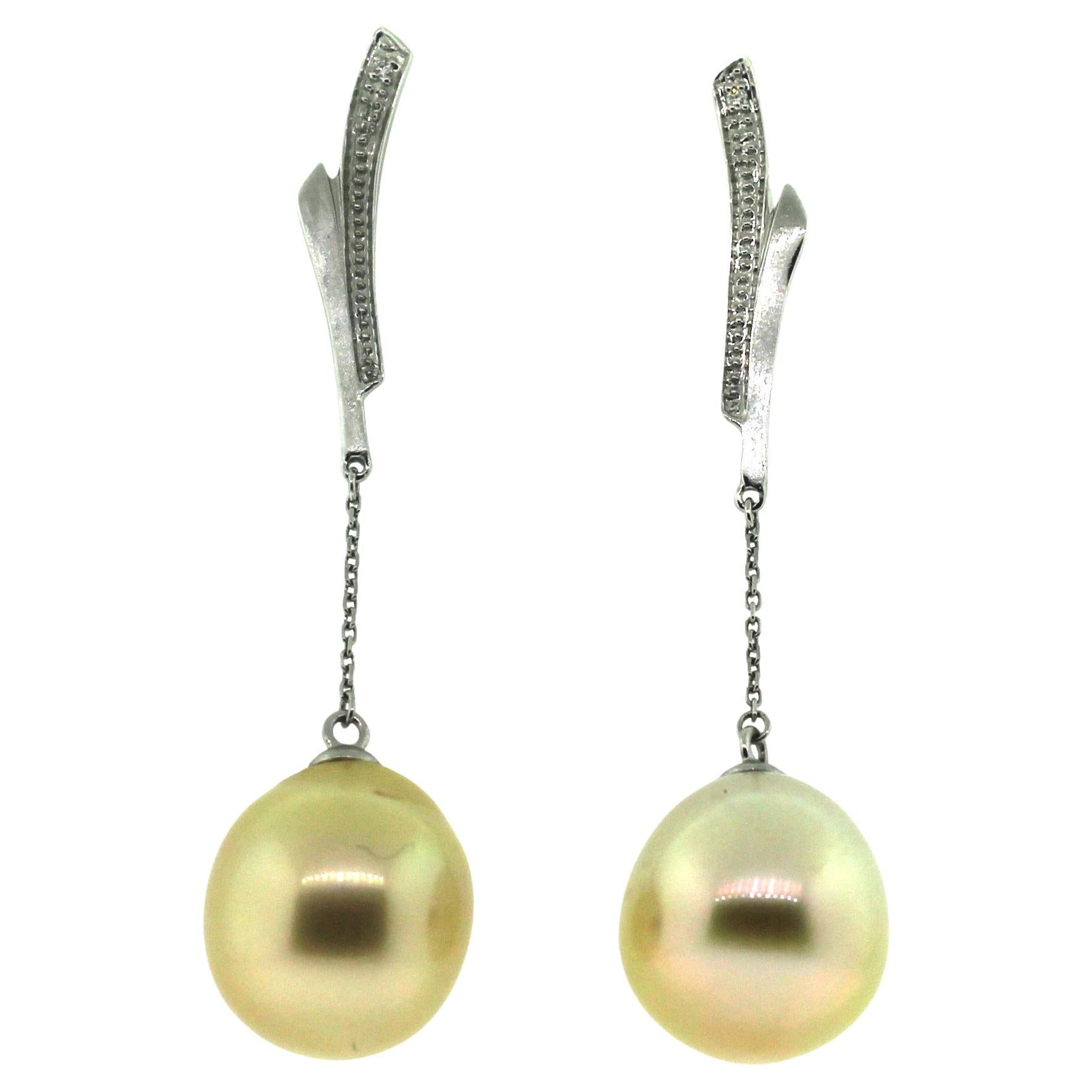 Hakimoto 13-14 mm South Sea Drop Cultured Pearl 18k Diamond Earrings