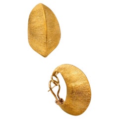 Florentine Italy 1960 Navette Hoop Earrings in Textured Solid 18kt Yellow Gold