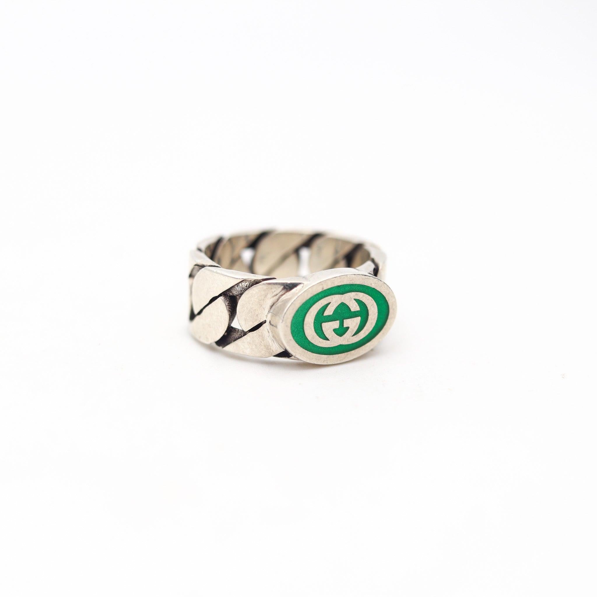 da uomo o donna Gucci 1990 Milano Anello con logo GG smaltato modernista in argento massiccio 925 A. Silver in vendita