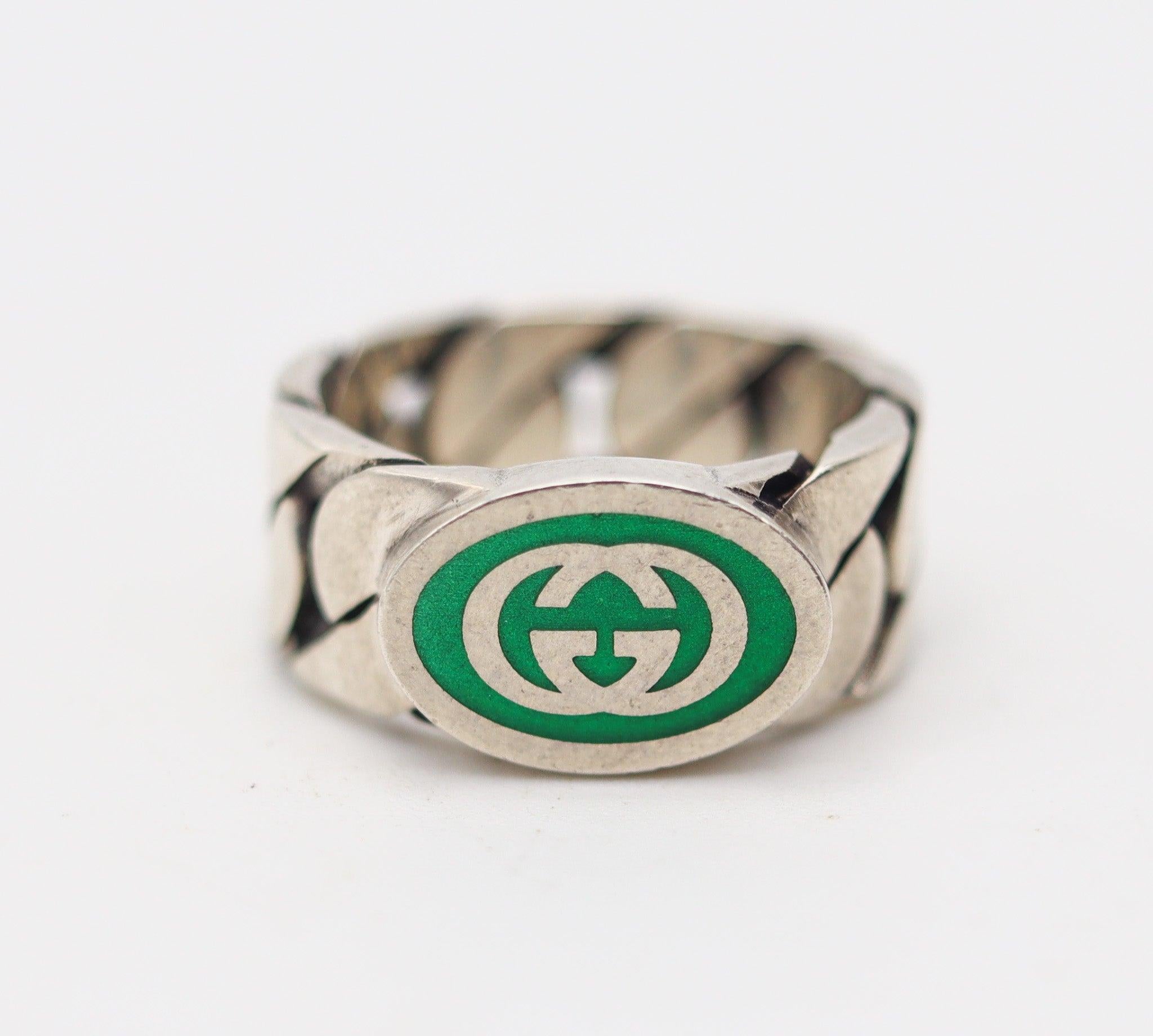 Modernista Gucci 1990 Milano Anello con logo GG smaltato modernista in argento massiccio 925 A. Silver in vendita