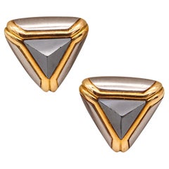 BVLGARI Roma-Paris Geometrische Ohrringe mit Clipverschluss aus massivem 18-karätigem Gold mit Hämatiten