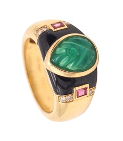 CARTIER Paris GAIA Ring In 18Kt Yellow Gold Chrysoprase, Diamonds, Rubies & Onyx