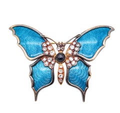 AUSTRIAN 1930 Guilloche Enamel Butterfly Brooch 18Kt Gold, Sapphire & Diamonds