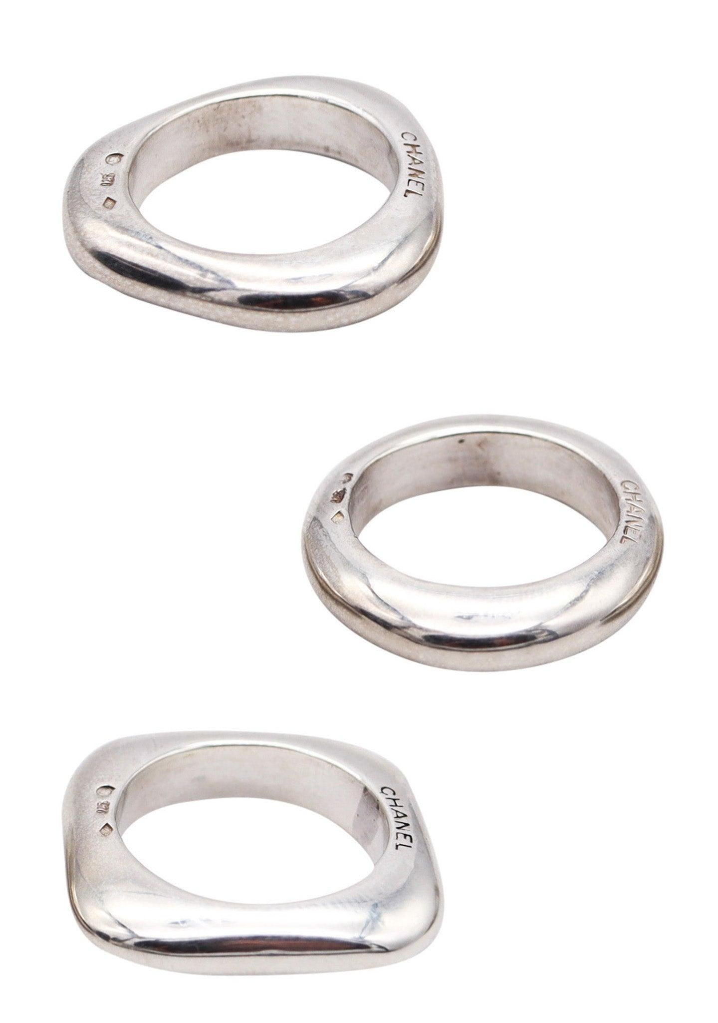 Chanel PARIS Trio di anelli geometrici in argento massiccio 925 lucidato A. Silver in vendita