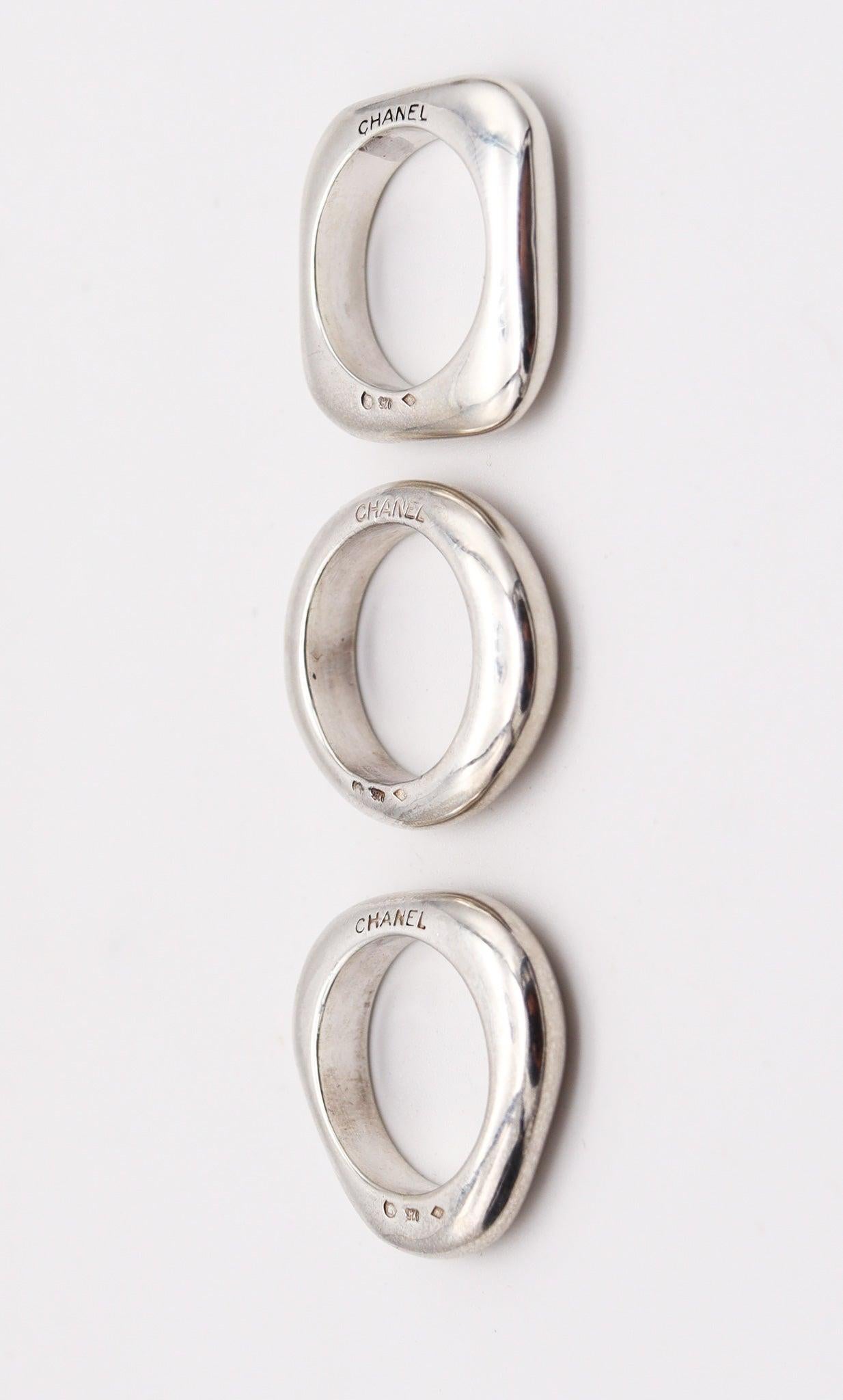 Modernista Chanel PARIS Trio di anelli geometrici in argento massiccio 925 lucidato A. Silver in vendita