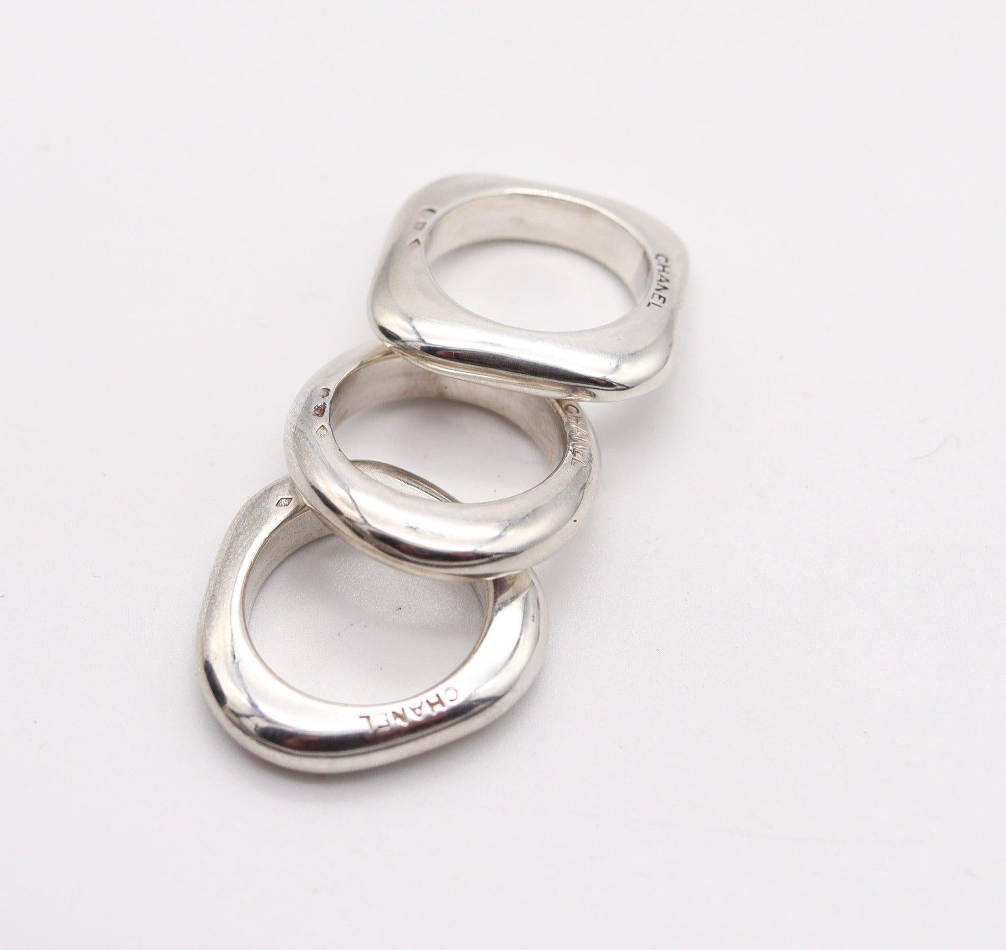 Chanel PARIS Trio di anelli geometrici in argento massiccio 925 lucidato A. Silver In condizioni ottime in vendita a Miami, FL