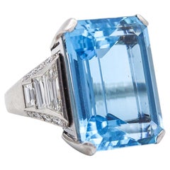 BOUCHERON Paris 1938 Art Deco Platinum Ring With 23.55 Cwt Aquamarine & Diamonds